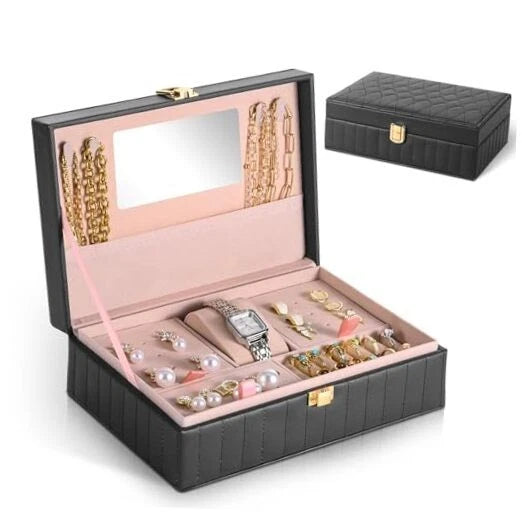 PU Leather Travel Jewelry Case Twill Jewelry Organizer Box with Mirror Black | eBay