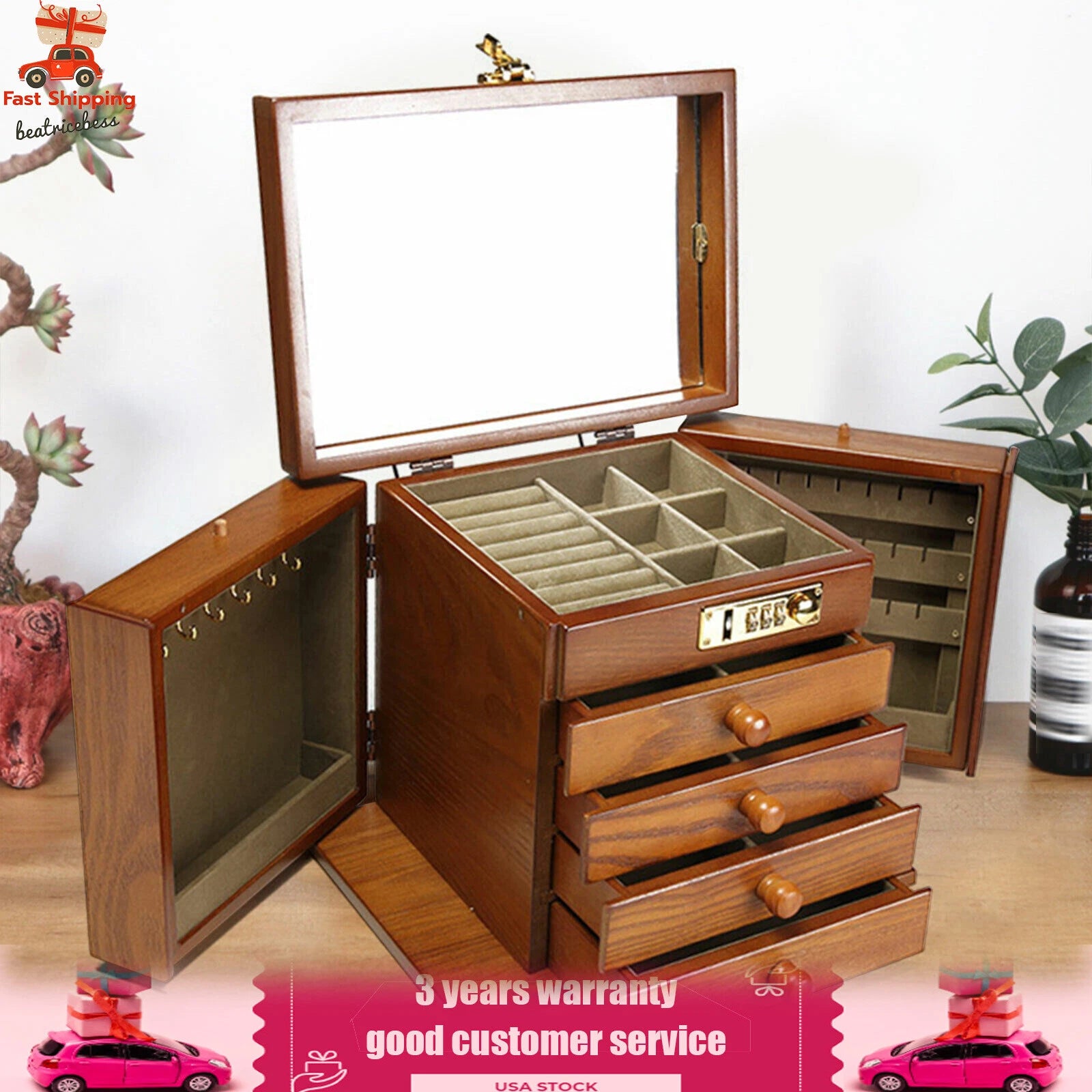 Large Wood Jewelry Storage Box 5 Layers 4 Drawers Jewelry Cabinet Armoir& Lock | eBay
