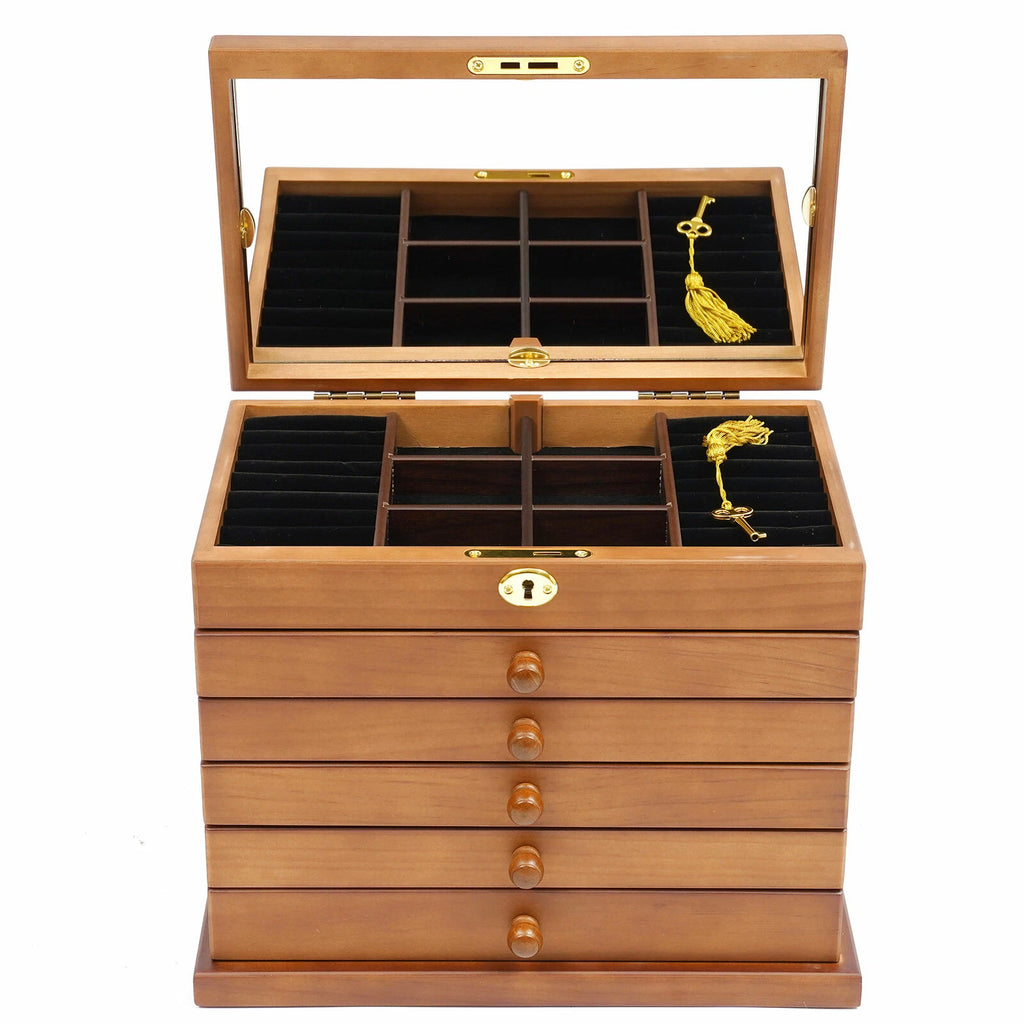 6-Layer Jewelry Box Wood for Wowen Large Organizer Box with Mirror & 5 Drawers | eBay