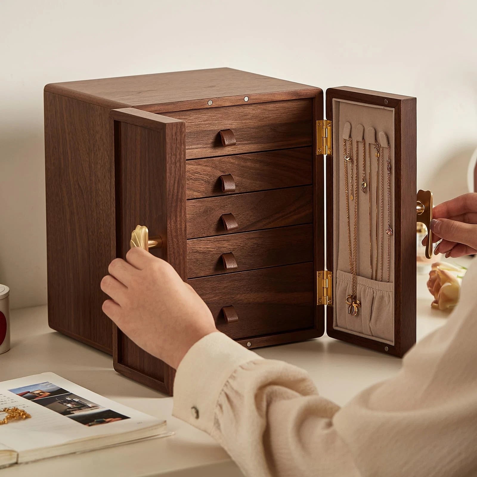 Homruilink Wooden Jewelry Box 5 Layer Black Walnut Large Jewelry Organizer wi... | eBay