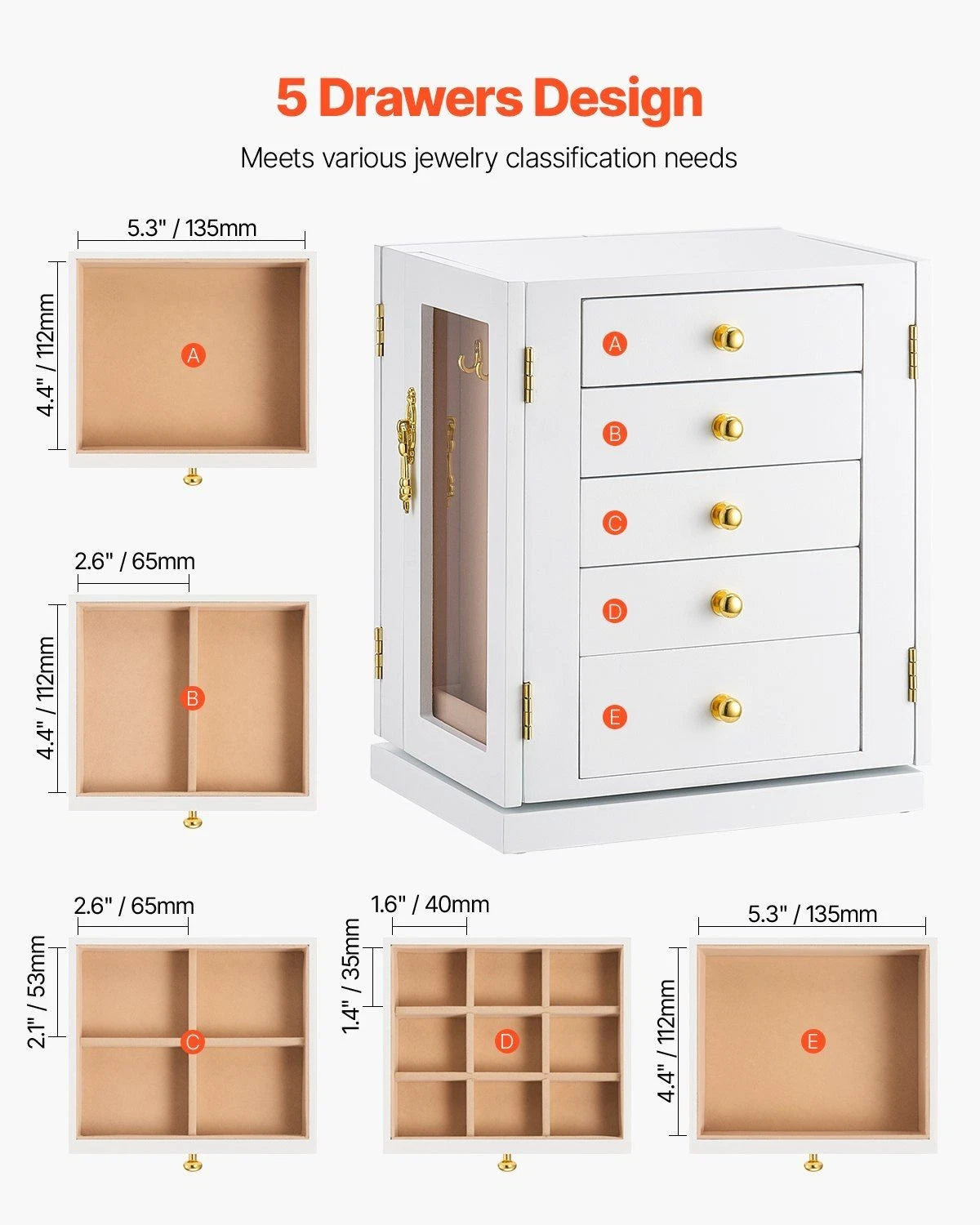 White 5-Drawer Jewelry Box - 360° Rotating Spacious Jewelry Organizer | eBay
