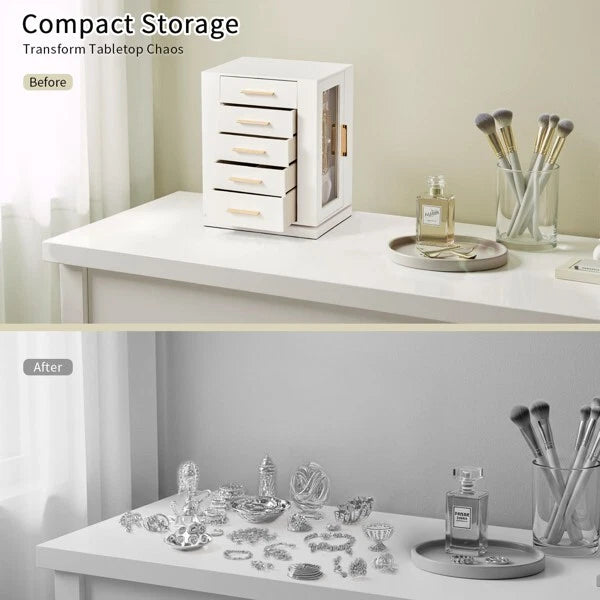360° Rotating Jewelry Box with 5 Drawers, White Cabinet & Pink Velvet Storage | eBay