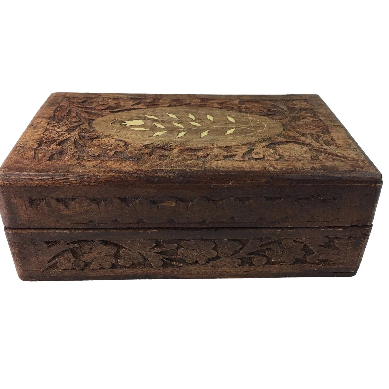 Wood Jewelry Chest Storage Box Inlay Carved Floral Pattern Solid Mid Century u | eBay